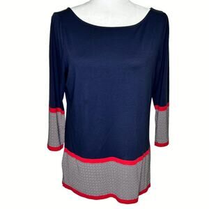 Talbots Navy Blue Tunic Top Herringbone Red Trim 3/4 Sleeve Womens Medium
